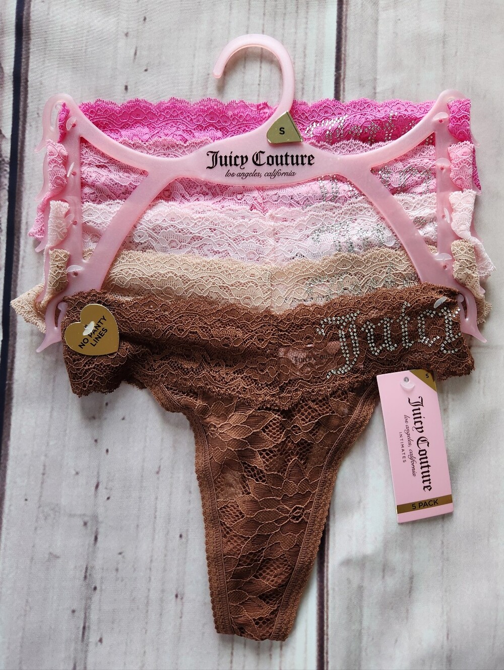 NWT Juicy Couture Underwear Set 5 Pack Lacy Thong Pink Nude, Women's Size S